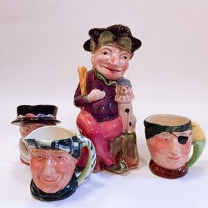 6 Piece set Mella WARE LONGTON CHARACTER TOBY JUG LARGE MR PUNCH WITH DOG 5 MUGS